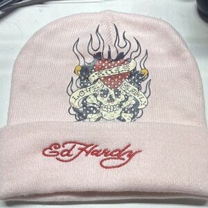 Ed Hardy Light Pink Kids Beanie with Skull Design